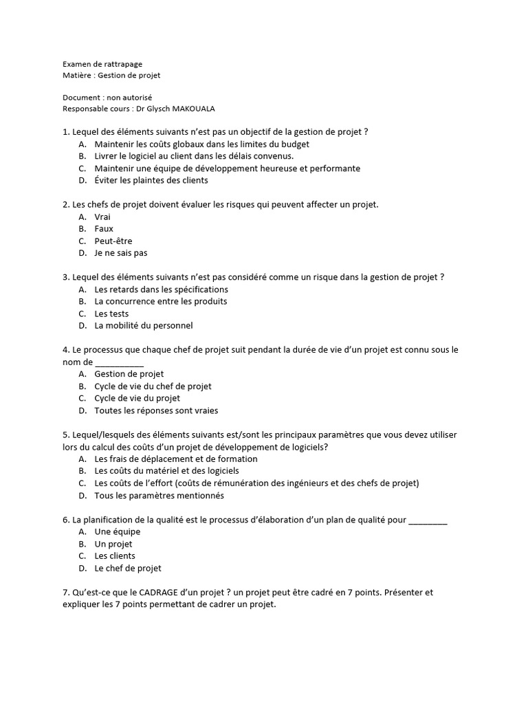 Examen de rattrapage en gestion de projet | PDF