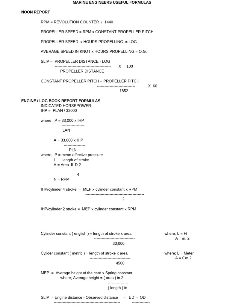 Marine Engineering Calculation Formulas | PDF | Horsepower | Quantity