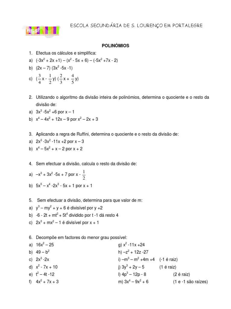 Ficha Polinomios 11 | PDF | Métodos e Materiais de Ensino | Ciências e ...