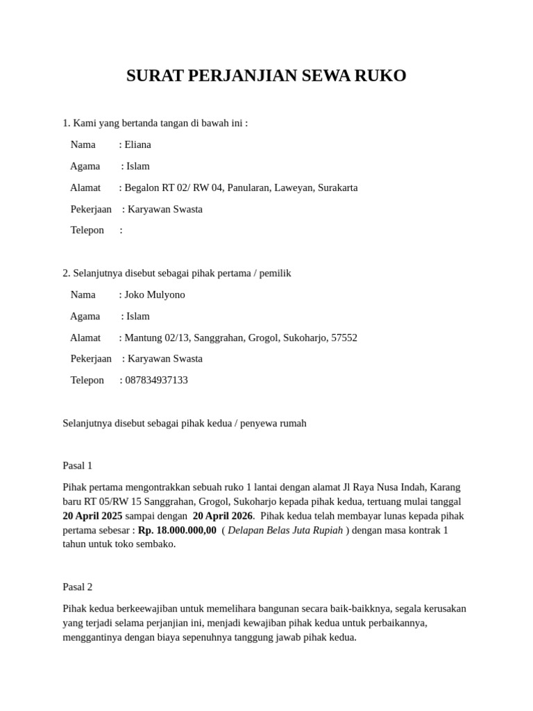 Surat Perjanjian Sewa Ruko | PDF
