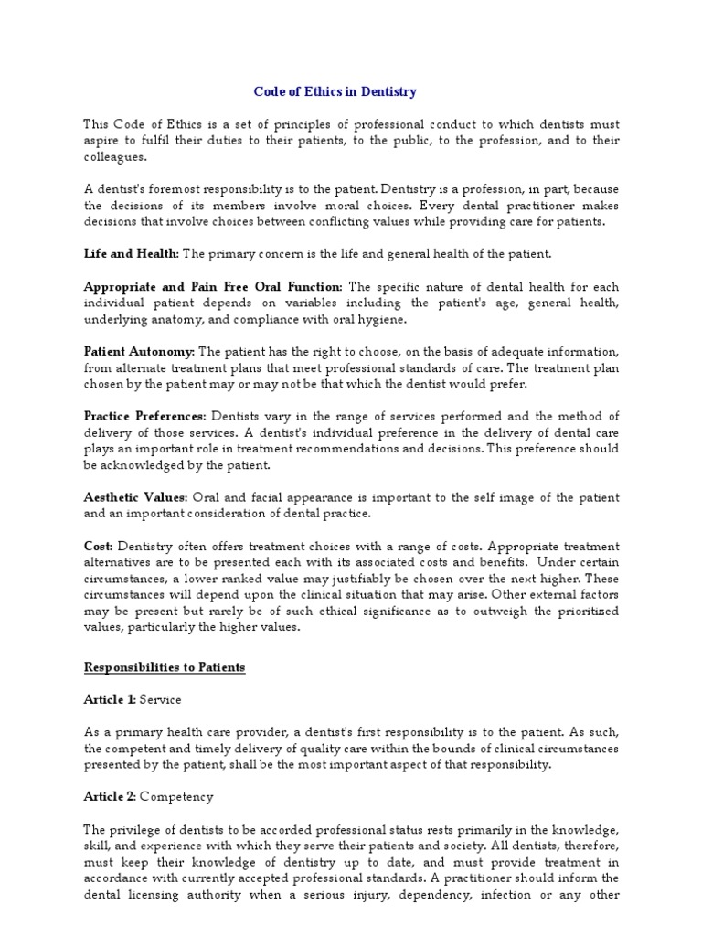 Code of Ethics in Dentistry Profession Dentistry