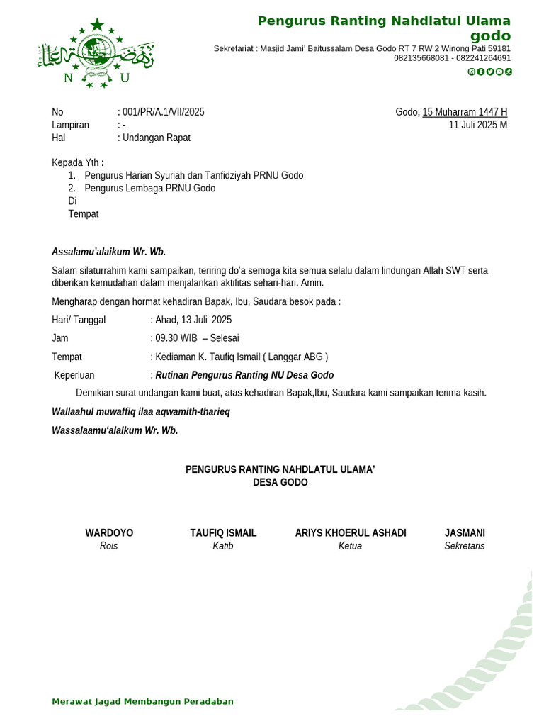 Undangan Rapat Pengurus Ranting NU | PDF