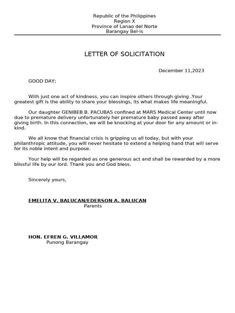 Barangay Bel-is Solicitation Letters | PDF