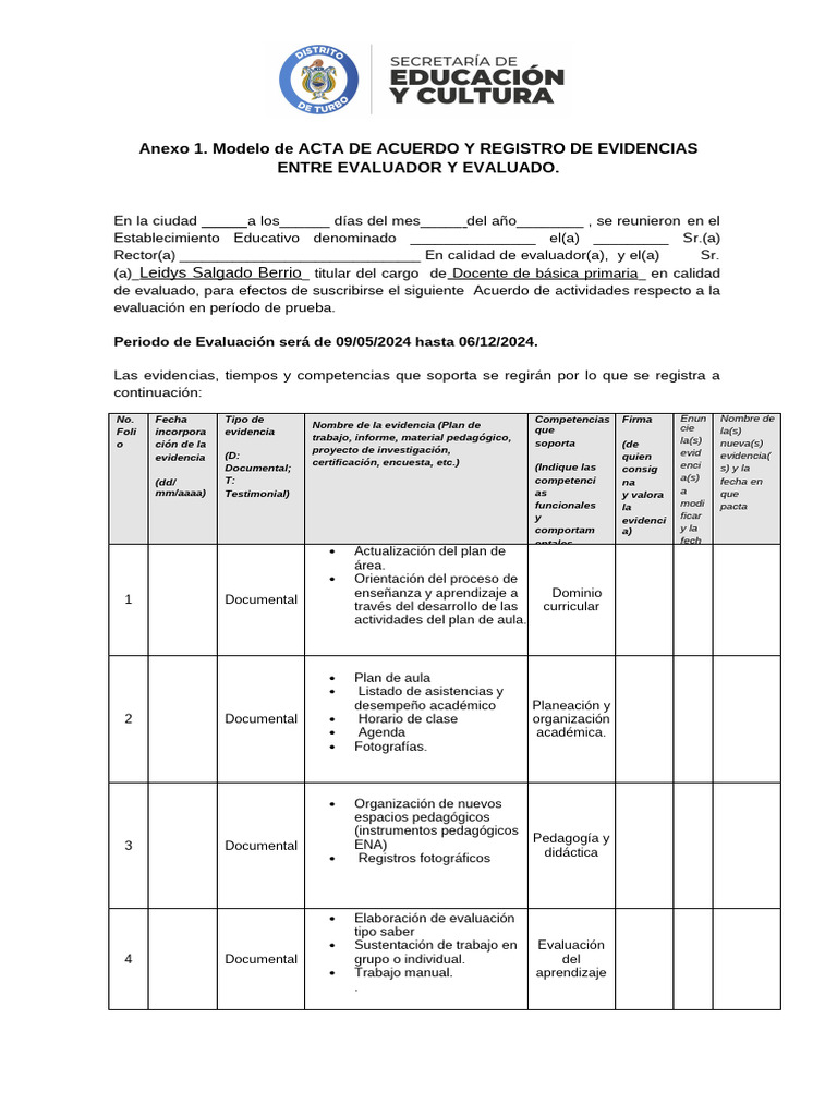 Acta de Acuerdo para Evaluación Docente | PDF | Evaluación | Aprendizaje