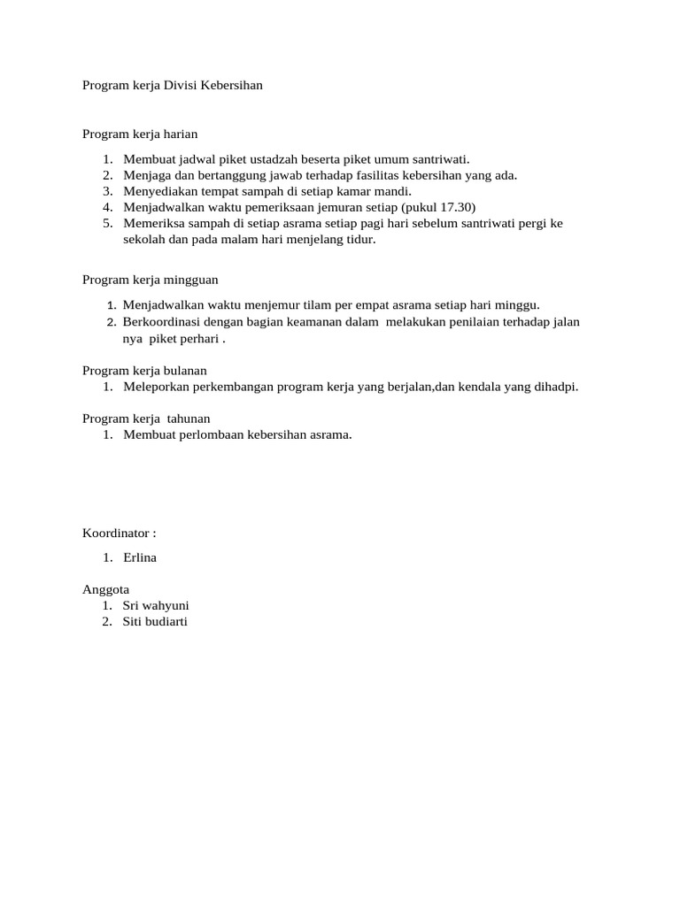 Program Kerja Divisi Kebersihan Pesantren | PDF