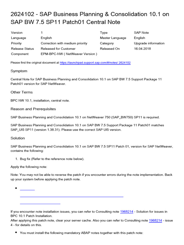 Note 2624102 - SAP Business Planning & Consolidation 10.1 On SAP BW 7.5 ...