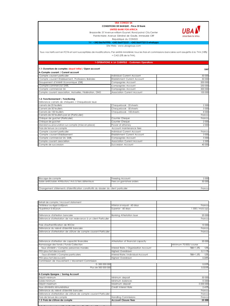 Frais de Tenue de Compte UBA Congo | PDF | Chèque | Banques