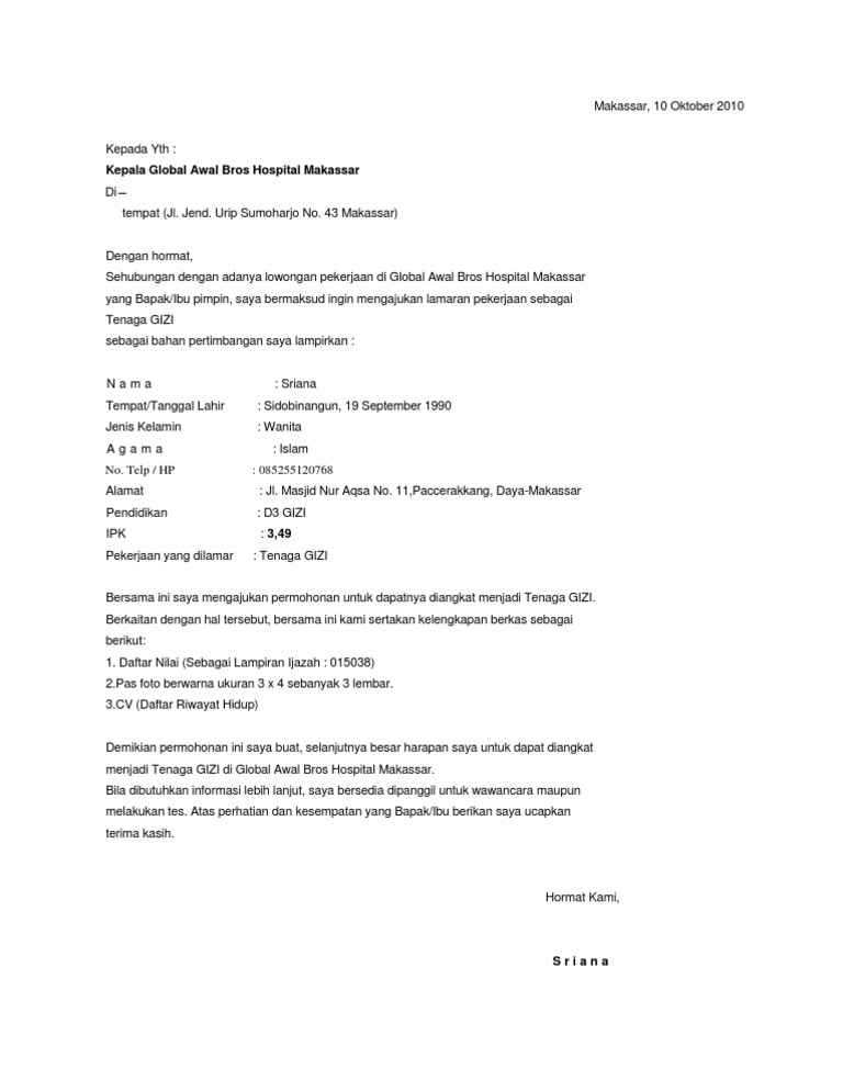 Contoh Surat Lamaran Kerja Di Rsud