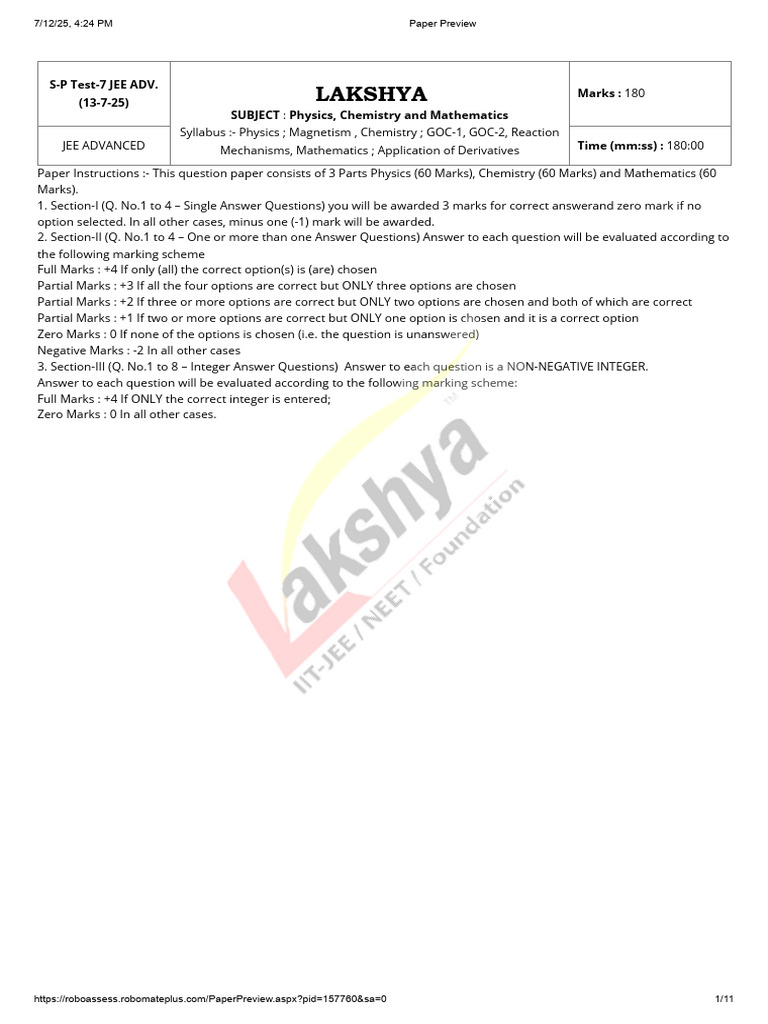 JEE Advanced 2025 Physics & Chemistry Test | PDF | Magnetic Field ...