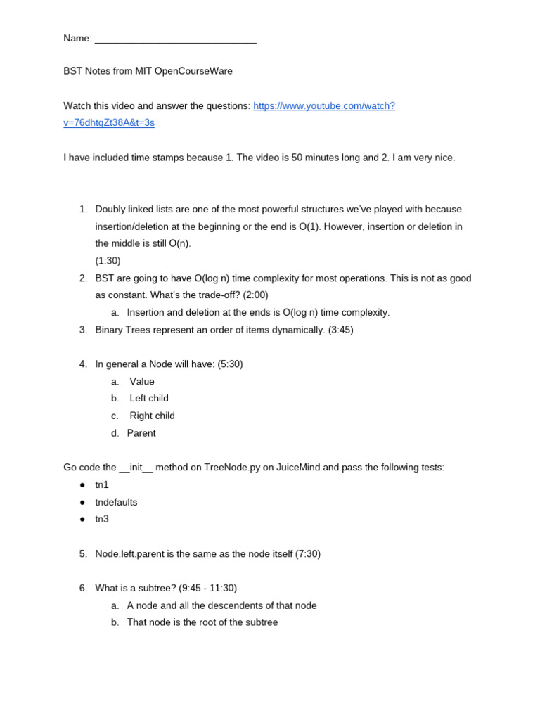 BST Notes From MIT OpenCourseWare | PDF | Algorithms And Data Structures