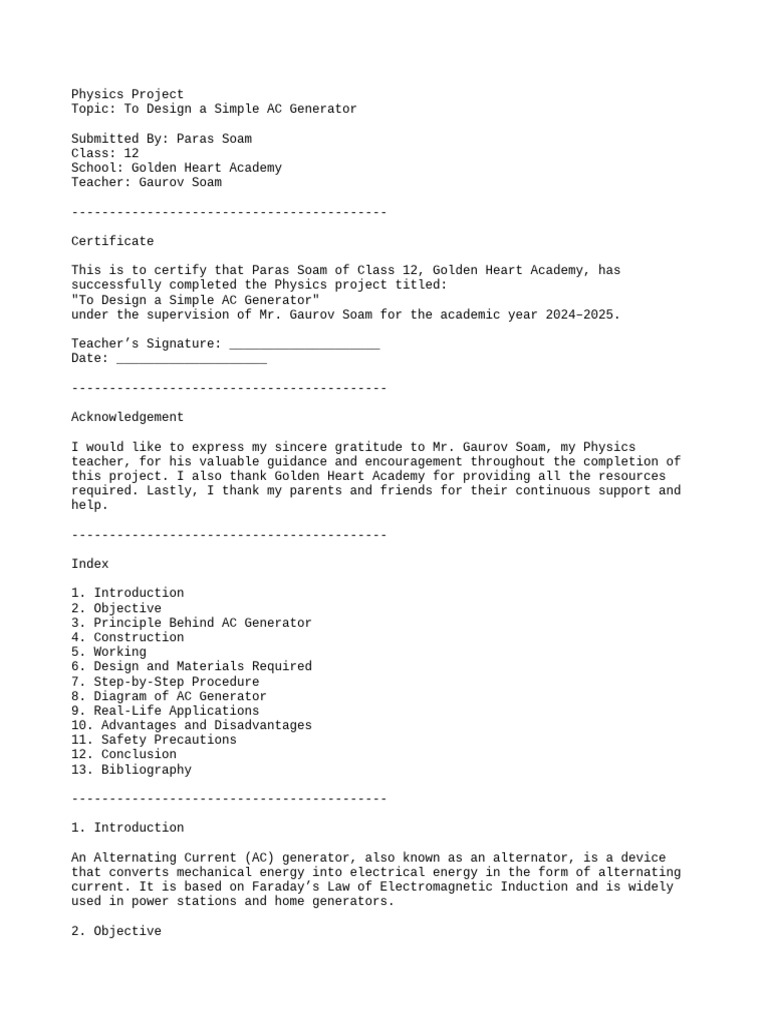 Physics Project Ac Generator Full Content Pdf Electric Generator