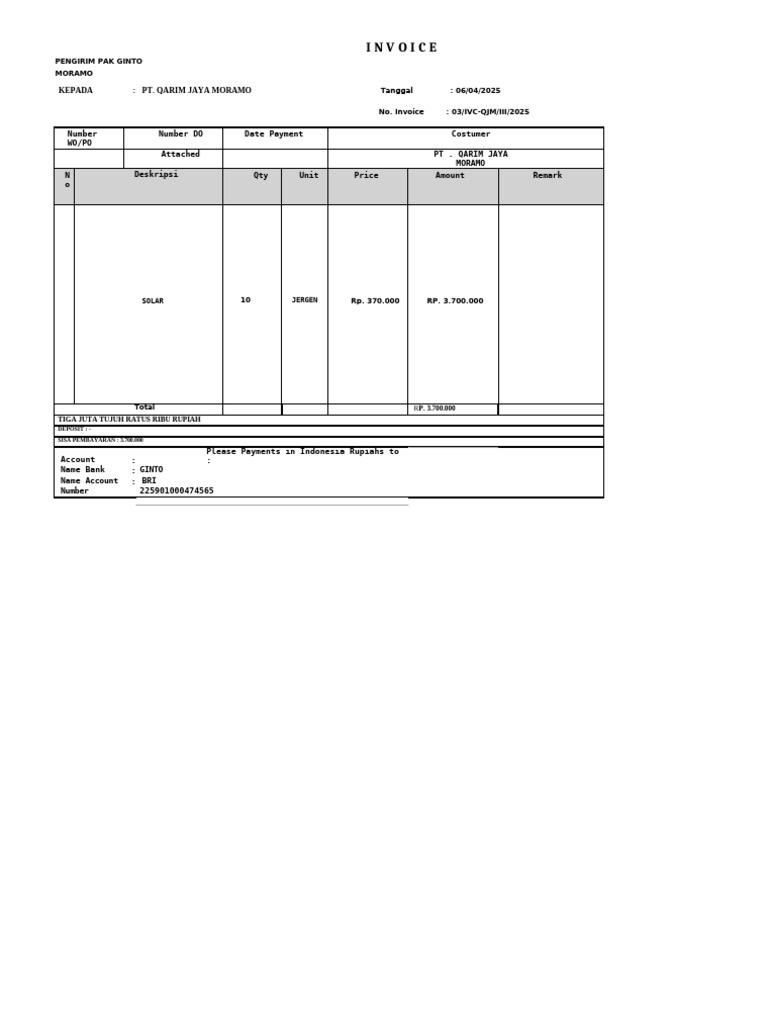 Innvoice Solar Kasmin To QJM 1 | PDF