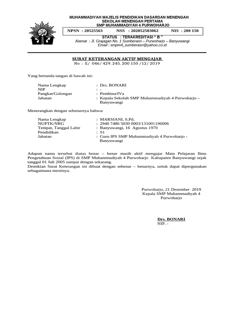 Surat Keterangan Aktif Mengajar Guru IPS | PDF