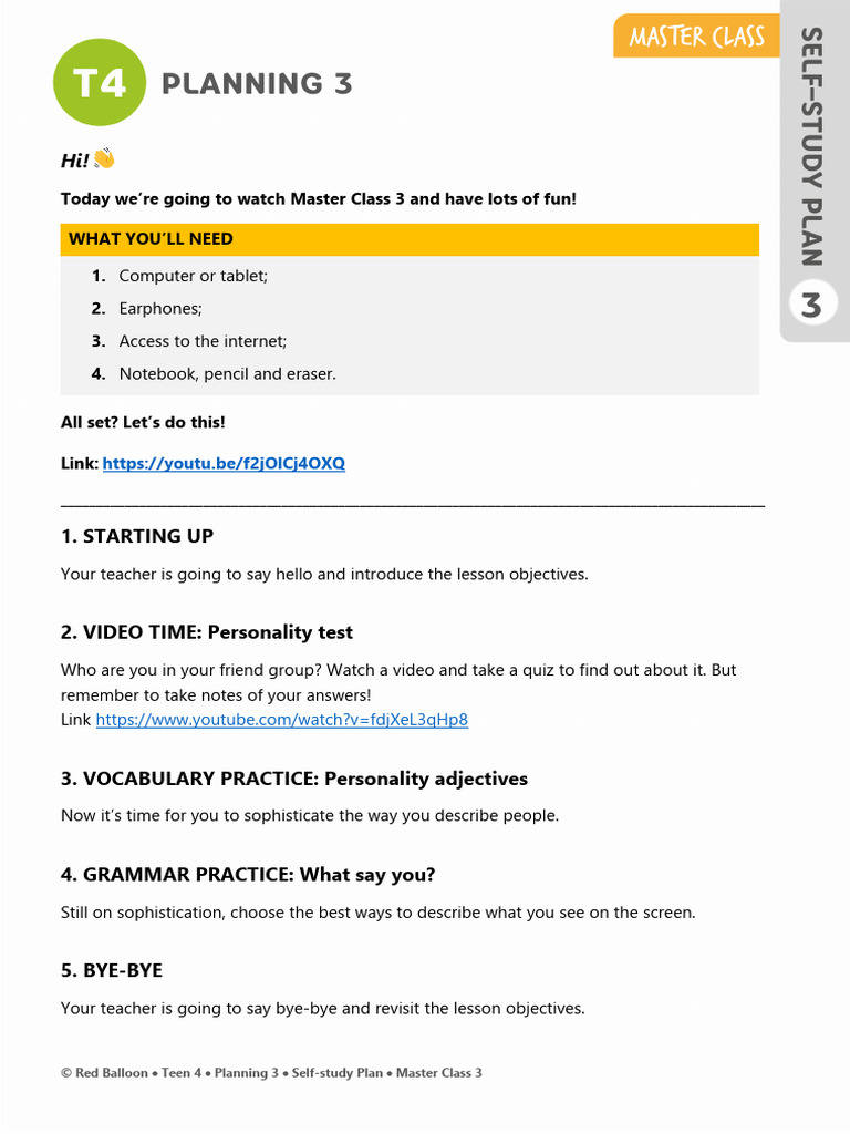 T4 - Planning 3 - Self-Study Plan - Master Class 3 | PDF