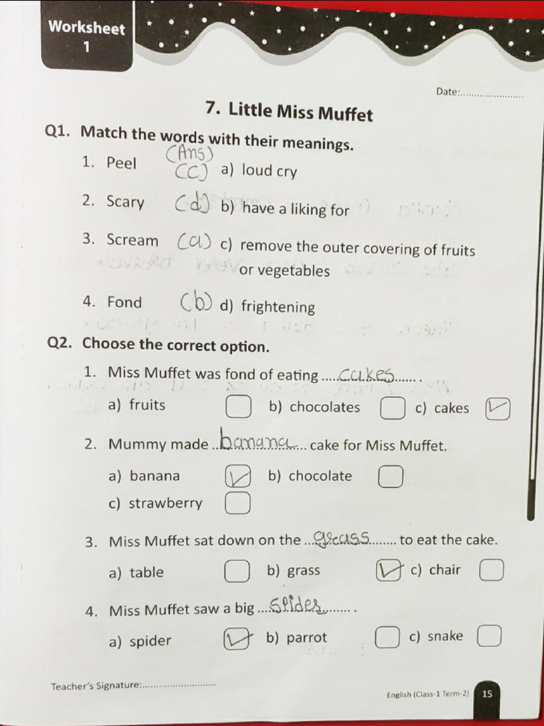 Term 2 STD 1 English CH 7 Little Miss Muffet Worksheet Photos | PDF