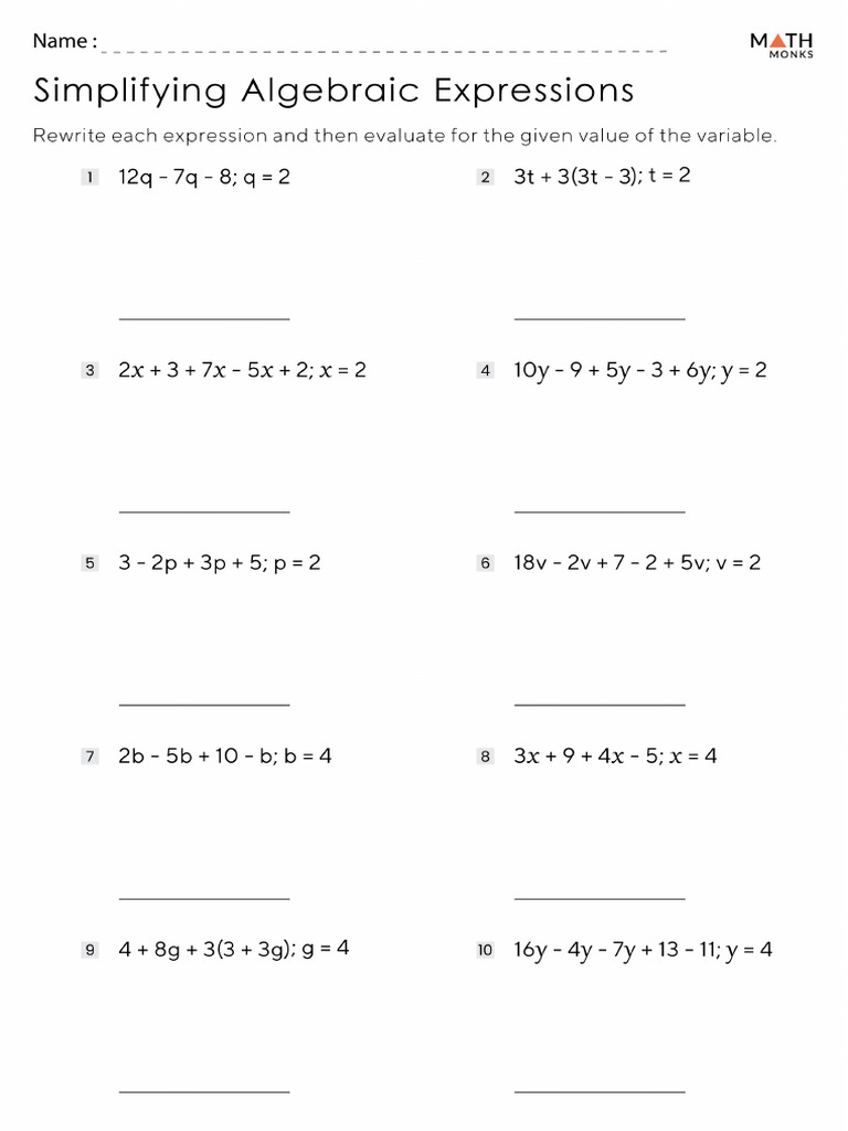 Simplifying Algebraic Expressions Worksheet Answers | PDF