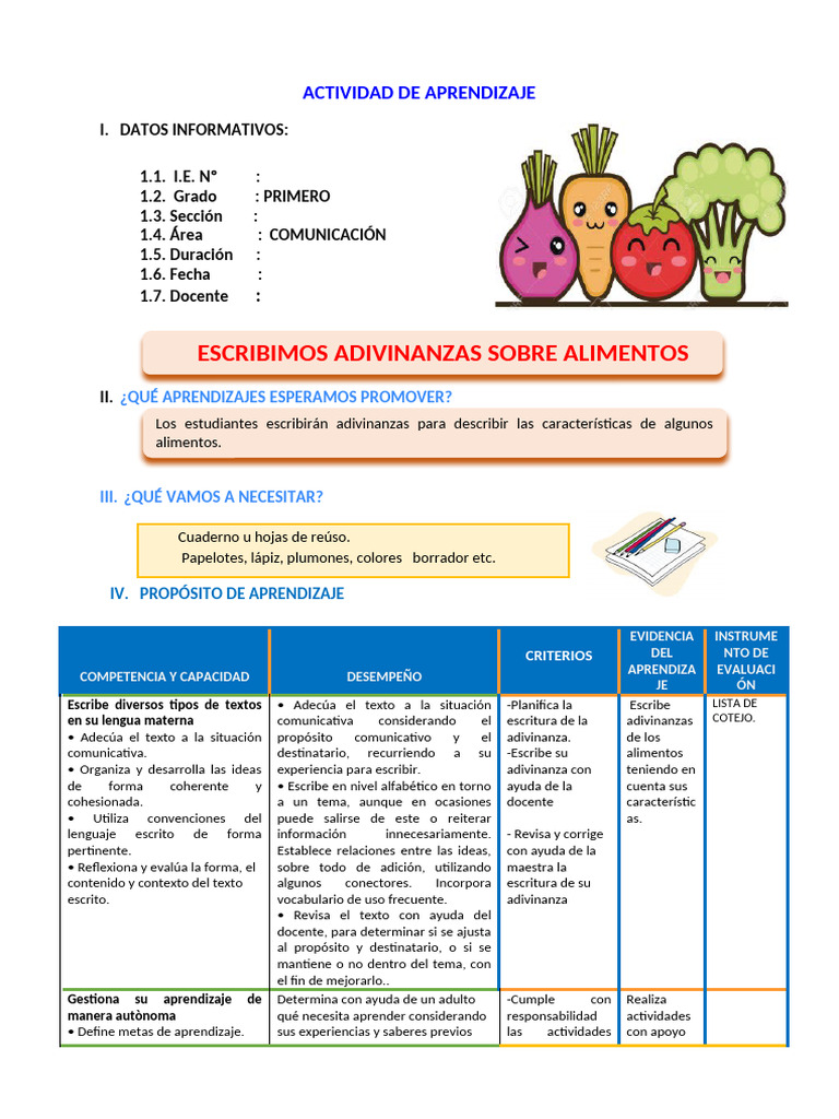 Adivinanzas de Alimentos para Primer Grado | PDF | Aprendizaje ...