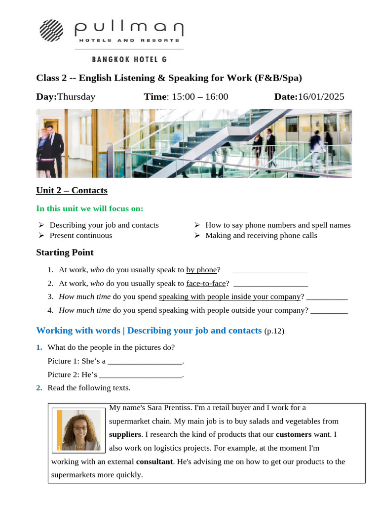 Class 2 - English Listening & Speaking For Work (F&B - Spa) | PDF ...