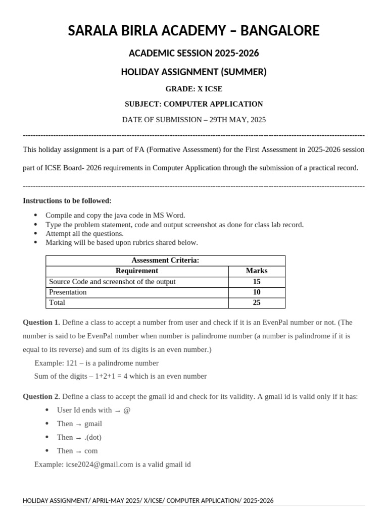 ICSE Grade X Computer Assignment 2025 | PDF | Numbers | String ...