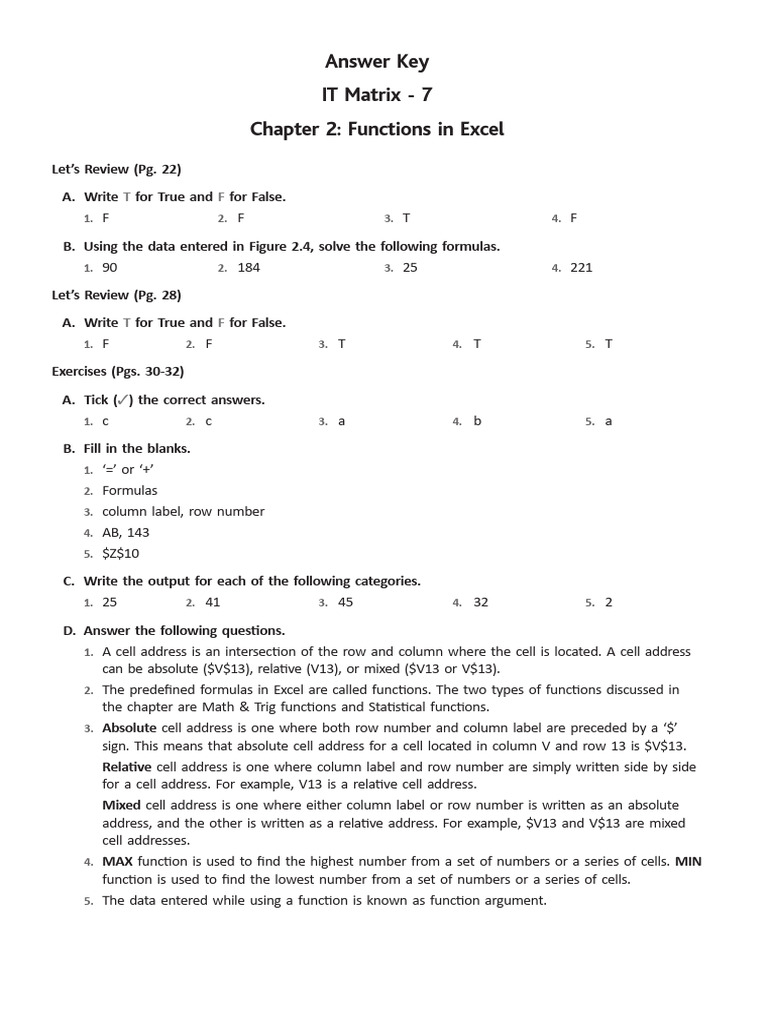 Excel Functions Answer Key Guide | PDF | Mathematics | Algebra