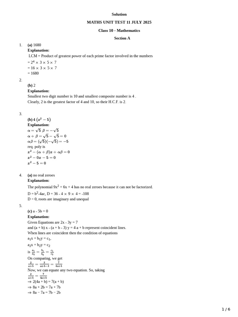 Class 10 Maths Unit Test Solutions | PDF | Discrete Mathematics ...