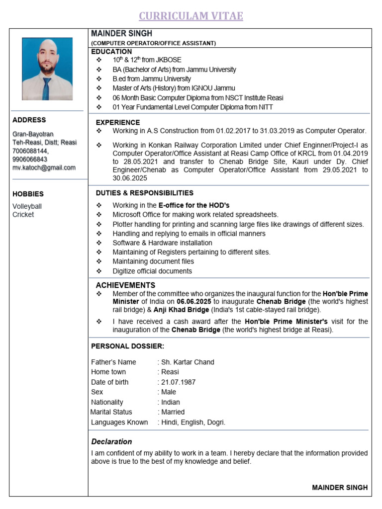 Computer Operator CV with Achievements | PDF | Computing