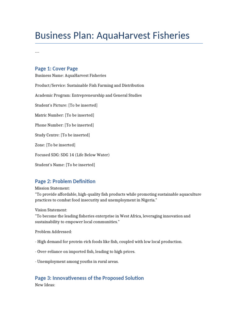 AquaHarvest Fisheries Business Plan | PDF | Aquaculture | Fishery