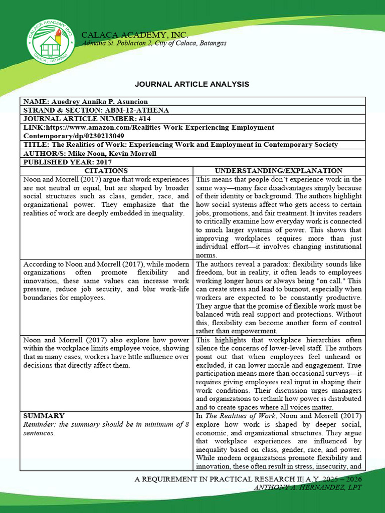 Journal Analysis: Work Realities Unveiled | PDF | Employment | Business