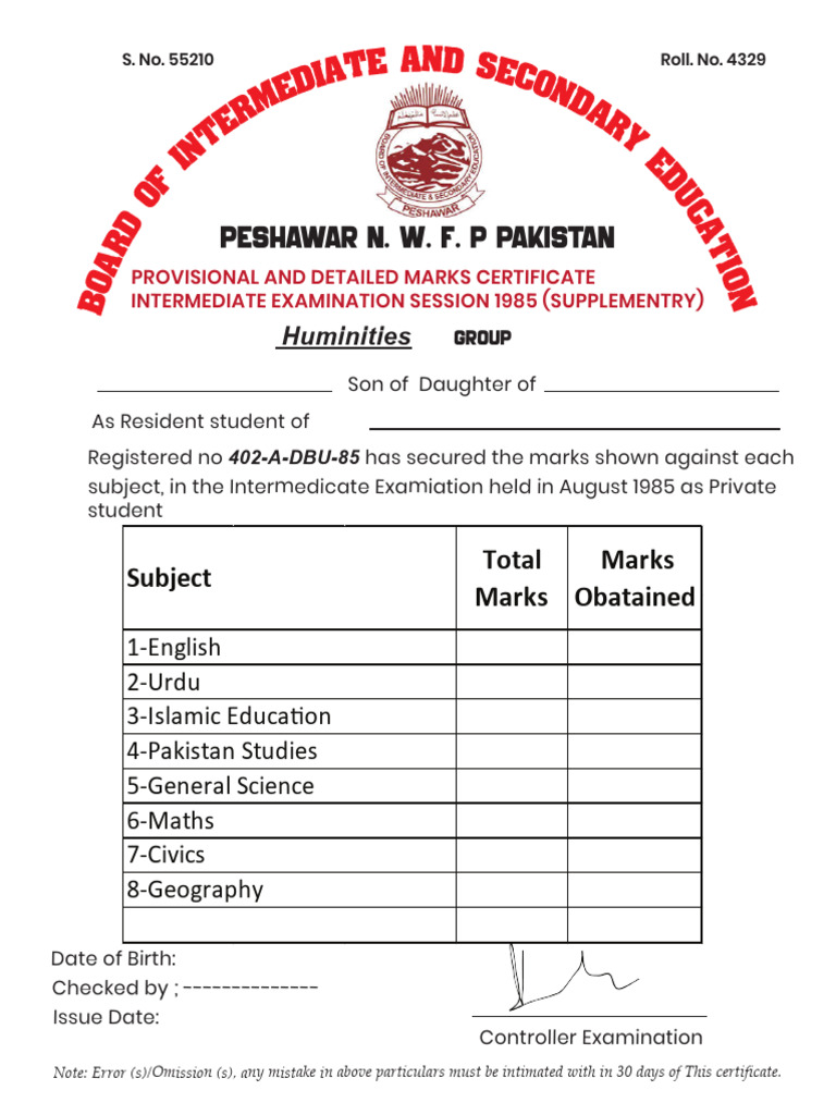 Intermediate Marks Certificate 1985 | PDF