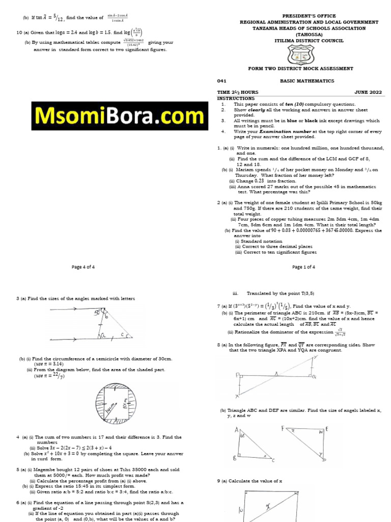 Form Two Mock Mathematics Assessment | PDF | Square Root | Area