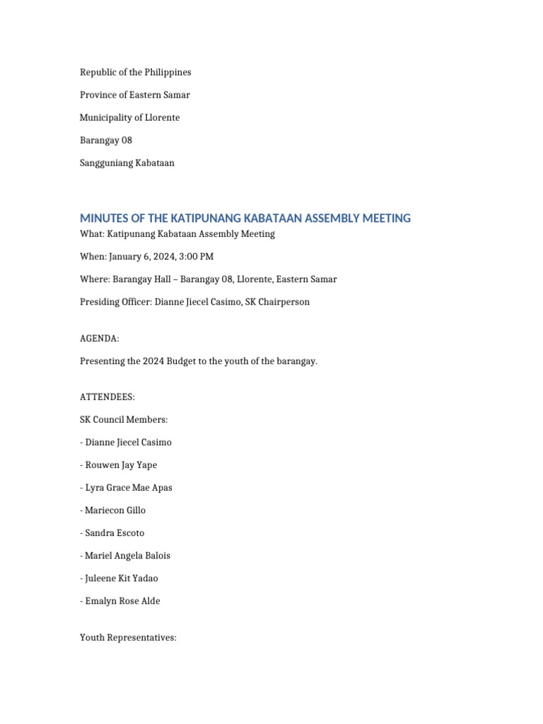KK Assembly Minutes Jan 6 2024 | PDF
