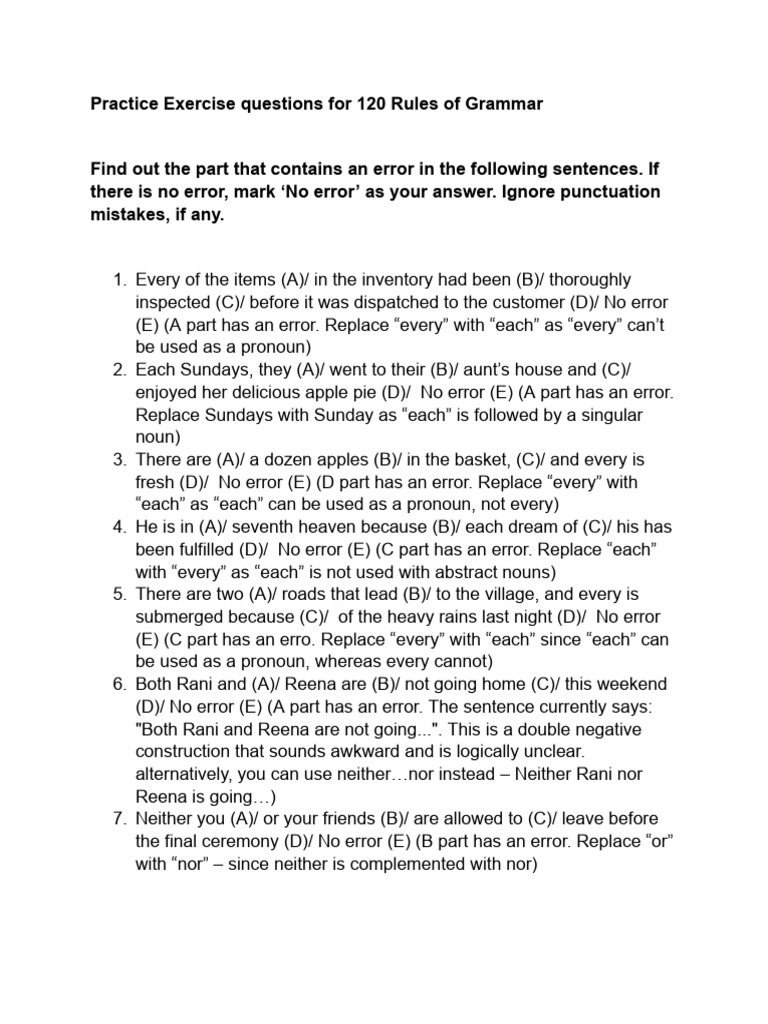 Error Correction Exercises for Grammar | PDF | Grammatical Number | Plural