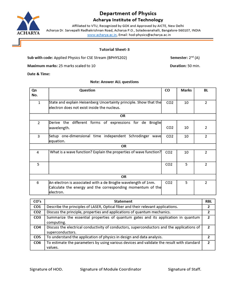 Applied Physics Tutorial Sheet 3 | PDF | Electron | Wave Function