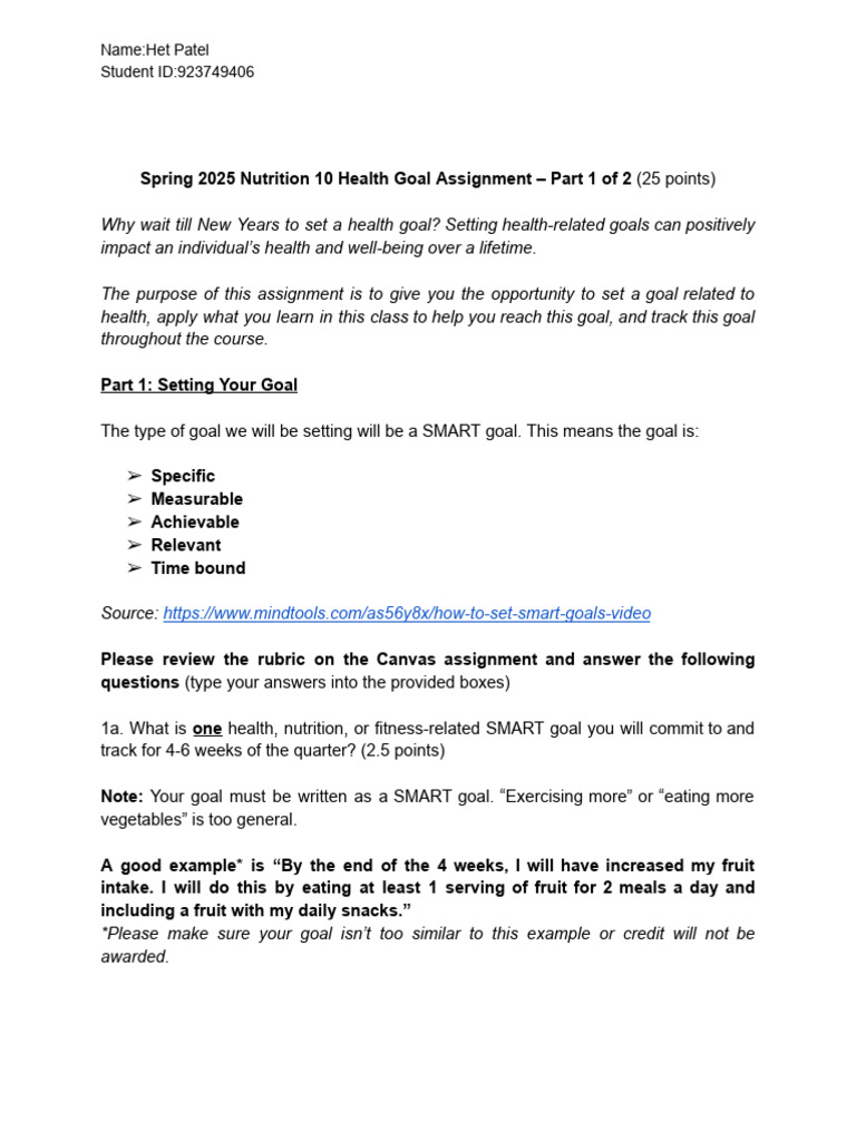 Health Goal Assignment Part 1 - 2025 | PDF | Sleep | Goal