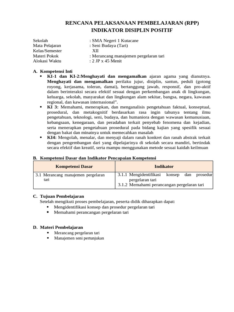 RPP Seni Budaya: Manajemen Pergelaran Tari | PDF