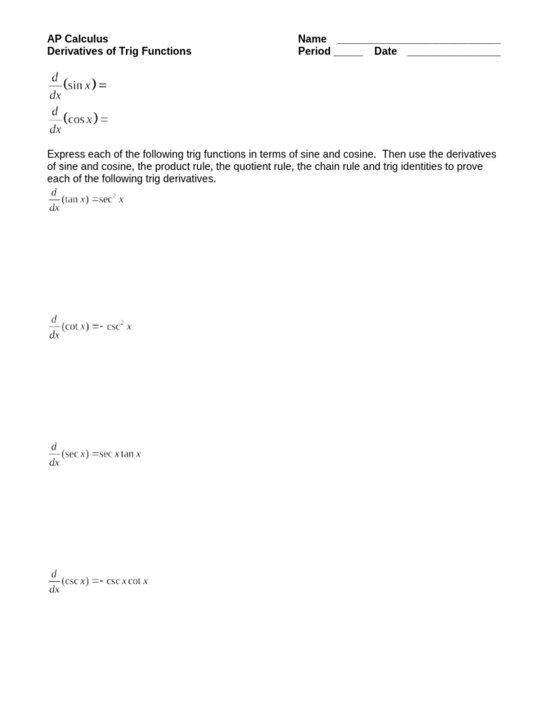 Trig Derivatives Practice Worksheet | PDF