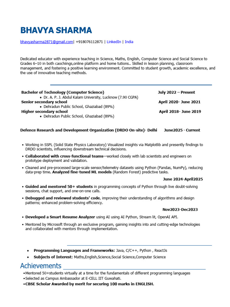 Bhavya Sharma Resume (Teach) | PDF | Computer Programming | Mentorship