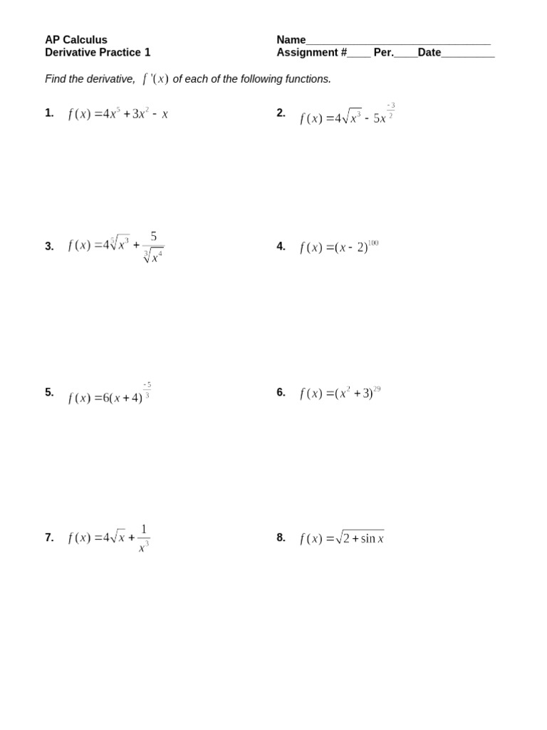 AP Calculus Derivative Practice Worksheet | PDF