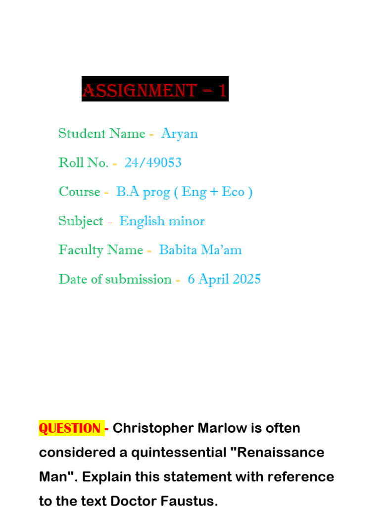 Aryan English Assigment | PDF | Renaissance | Christopher Marlowe