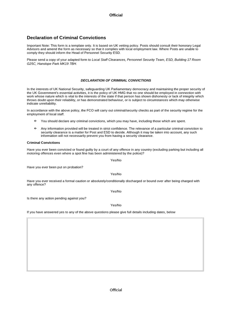 Criminal Conviction Declaration Form | PDF | Justice | Crime & Violence