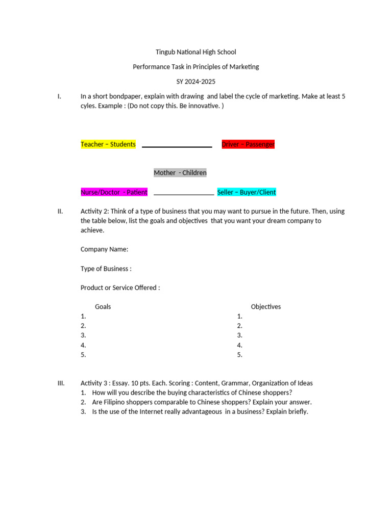 Marketing Principles Performance Task Guide | PDF