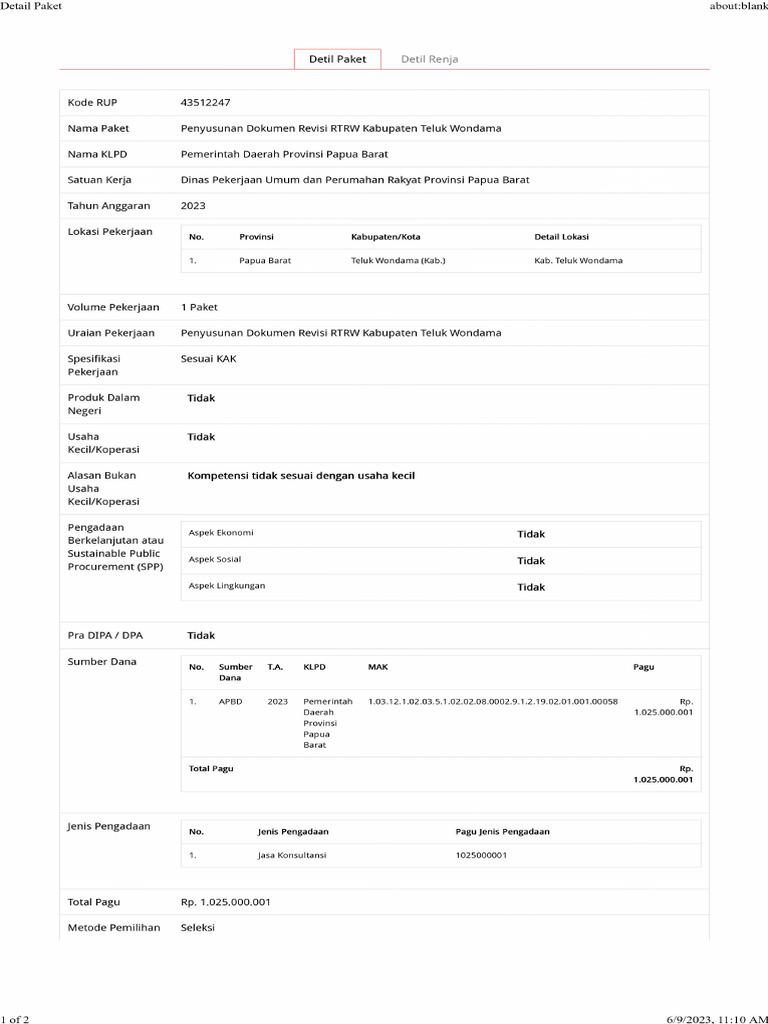 RUPPenyusunan Dokumen Revisi RTRW Kabupaten Teluk Wondama | PDF