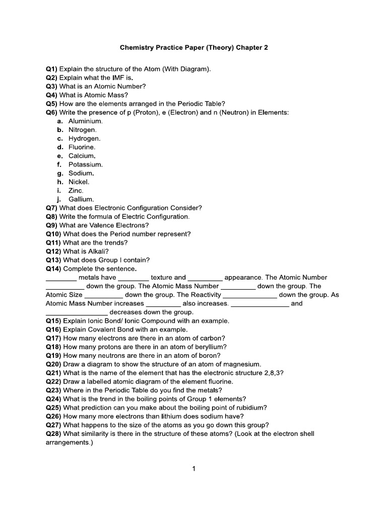 Chemistry Practice Paper (Theory) Chapter 2 | PDF