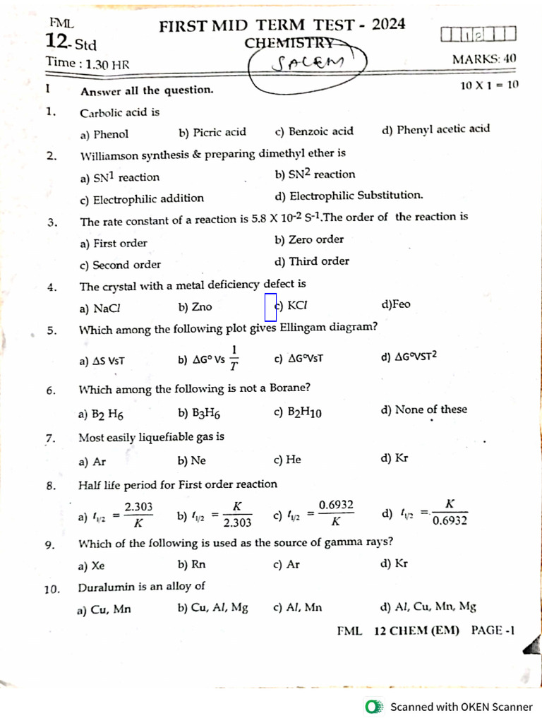 12th Chemistry 1st Mid Term Test 2024 Original Question Paper Salem ...