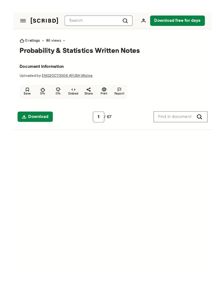 Document675763683probability Statistics Written Notes | PDF