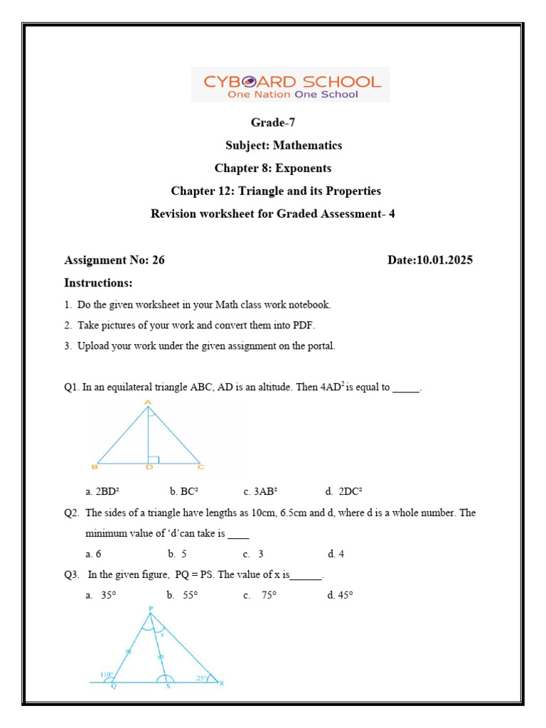 Grade 7 Math Exponents & Triangles Worksheet | PDF | Triangle ...