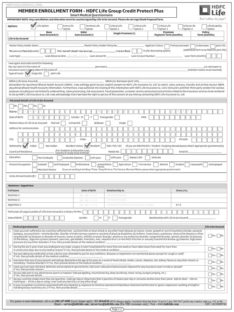 HDFC Life Group Credit Protect Plus Form | PDF | Insurance | Life Insurance