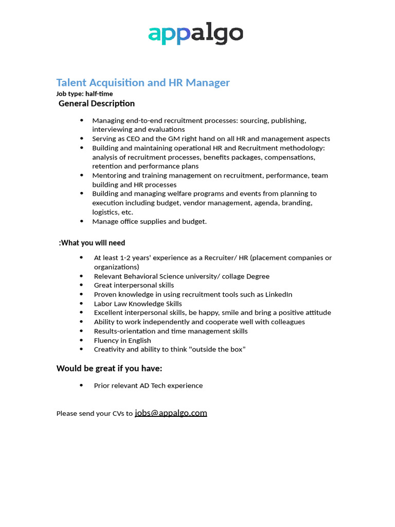Talent Acquisition and HR Manager | PDF