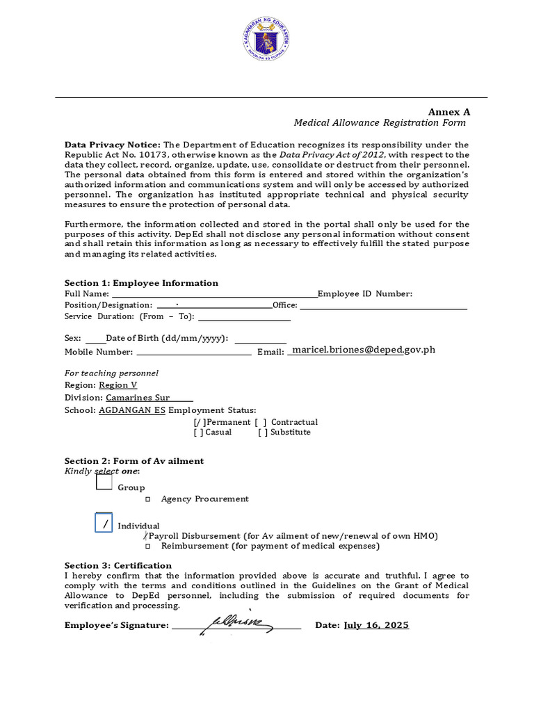 Medical Allowance Registration Form | PDF