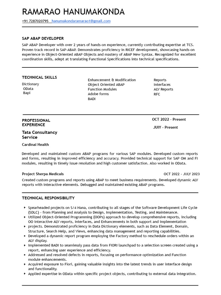 SAP ABAP Developer Resume Summary | PDF | Software Development | Object ...